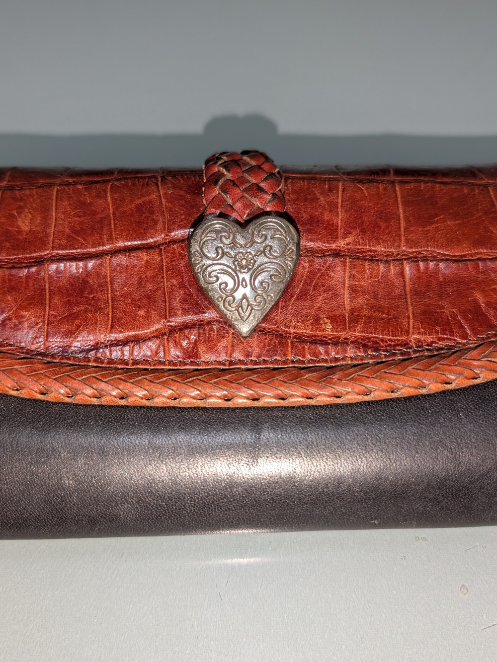 Brighron Brown Braided Leather Wallet with Heart Accent